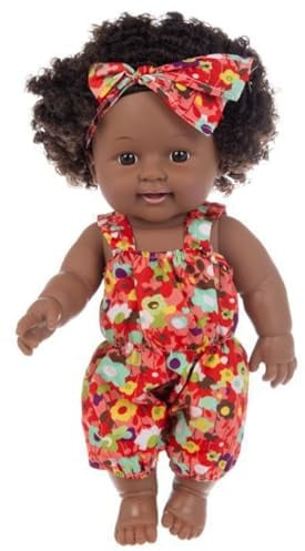 Licsaliwe Schwarze Babypuppe, 12 Zoll Afroamerikaner Puppe mit beweglichen Gelenken und lockigem Haar, realistisch für Kindergeschenke (rot)
