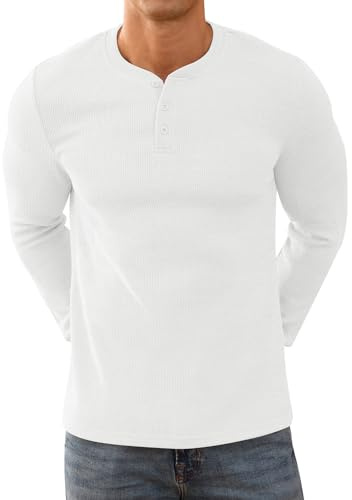 NITAGUT Men's Long-Sleeved Henley Basic Pullover Long Sleeve Shirt with Button Placket Crew Neck, White, L