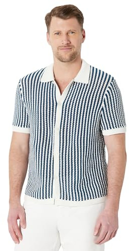 Amazon Essentials Chemise Resort en Maille Boutonnée à Manches Courtes Homme, Tricot Rayé Bleu Foncé, S