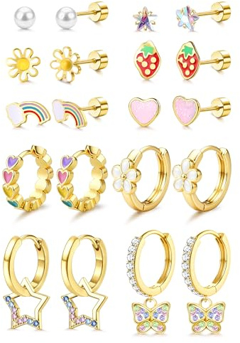 Adramata 10 Pairs Hypoallergenic Earrings for Girls Stainless Steel Girls Earring Cute Hoops Screw Flatback Studs Screw Back CZ Heart Flower Butterfly Kids Earrings Jewellery (Gold/Silver)