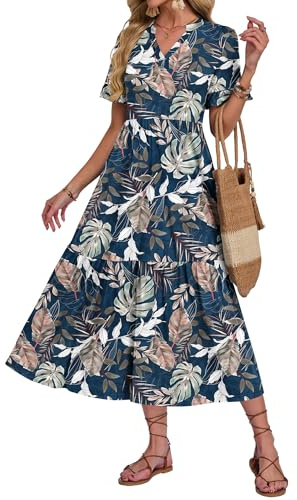 AUSELILY Midi Dresses for Women UK V Neck Summer Long Dress Ruffle Short Sleeve Floral Holiday Beach Dresses with Pockets Selva Leaf L