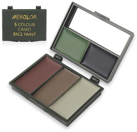 HMCEY Maquillaje de Camuflaje 5 Colores,Pintura Camuflaje Militar Cara con Espejo,Pintura Enmascaramiento Militar,Face Painting Body para Actividades al Aire Libre, Caza, Juego de Todoterreno