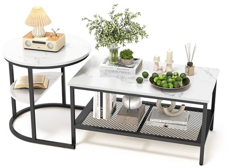 INONEFT Couchtisch Rund 2er Set, Moderne Couch Tisch mit Schwarz Metallgestell, Couchtische aus Holz mit weiß Marmoreffekt, Living Room Coffee Table, Kaffeetisch, Wohnzimmertisch für Wohnzimmer