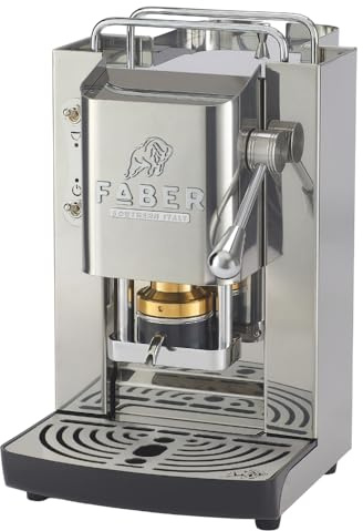 FABER COFFEE MACHINES | Deluxe 3.0 | Kaffeemaschine ESE 44 mm mit Magnetventil, herausnehmbarem Padhalter, Glaskanister 1 l und Padpresse aus Messing verstellbar (Edelstahl Glossy, Chrom)