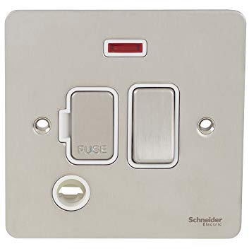 Schneider Electric Ultimate Flat Plate - Switched Fused Connection Unit, with Flex Outlet and Neon Indicator, GU5214WSS, Stainless Steel with White Insert