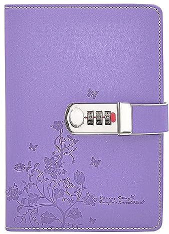 LinYesh Leder Zahlenschloss Tagebuch Schreiben Notebook, Schmetterling und Blumenmuster Passwort Tagebuch Notizblock, Secret Notizbuch mit Kombinationsschloss, Size 210x145mm