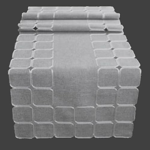 Tischläufer 40 x 140 cm grau hellgrau Kurbelstickerei Quadrate Tischdecke Tisch Deko Karo modern edel