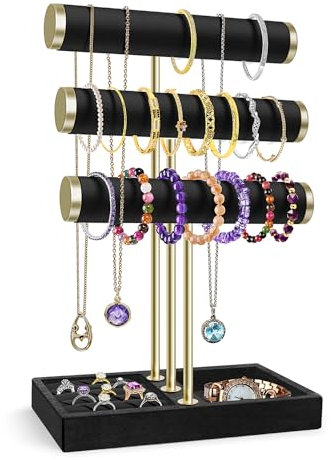 Flexzion 3 Tier Bracelet Holder Display Stand - Black Velvet Bracelet Holder Organizer with Detachable T Bar - Jewelry Display Stand for Bracelets, Bangles, Necklace, Watches, Rings