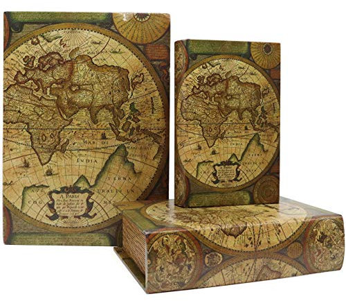 Jolitac Dekorative Bücherboxen Weltkarte Muster Antik Buch Unsichtbare Box mit Magnetdeckel Kunstholz 3er Set Aufbewahrungsset (Karte)
