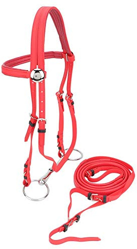 Pssopp Brida de Caballo con rienda PVC Ajustable Arnés de Brida de Caballo Rojo Cabezales de Caballo Broca Hueca de Acero Inoxidable extraíble