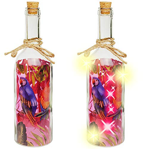 alles-meine.de GmbH Glas - LICHT Dekoflasche - 5 Stück LED - Papagei & Tropen Blätter - rosa/pink - Lichtflasche/Flasche mit Licht - 30 cm - Batterie betrieben - warmweiß - F..