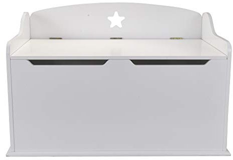 Bandits & Angels Spielzeugkiste aus Holz, Aufbewahrungsbox, Classic White – sicherer Verschluss mit Gasfeder – Maße 79 x 48 x 50 cm – weiße Spielzeugkiste für das Kinderzimmer