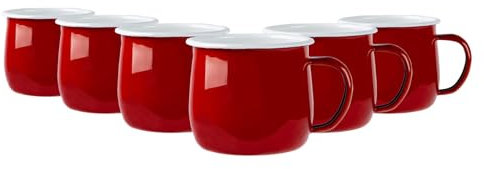 Argon Tableware Coloured Coffee Mugs - 375ml - Pack of 6 - Red Metal Insulated Enamel Mugs Lightweight Camping Belly Latte Mug Hot Chocolate Mug