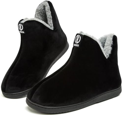 GURGER Hüttenschuhe Damen Plüsch Hausstiefel Gefüttert Herren Warm Hausschuhe Hohe Winter Pantoffeln Slipper Feste Sohle für Frauen Schwarz Gr 38 39