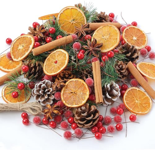 Christmas Wreath Making Supplies, 200 Pine Cones Pine Branches Set, Dried Orange Slices and Cinnamon Sticks, Star Anise, Pinecone Berries Garland Making kit for Xmas Tree Decor Fall Winter Crafts