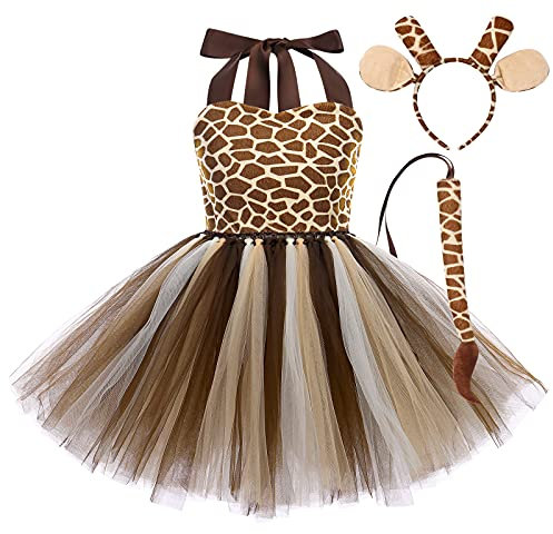 OBEEII Tierkostüm-Set, Tiger/Leopard/Kuh/Zebra/Giraffe, Verkleidung mit Haarreif, Schwanz, Kostüm, für Halloween, Cospaly, Geburtstag, Weihnachten, Bühnenauftritt, giraffe, 7-8 Jahre