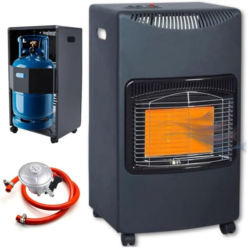 Yorkshire Homeware Portable Gas Cabinet Heater Free Standing Calor Butane Fire Wheels Comes With Free Hose and Regulator 4.2kw Foldable Design Black