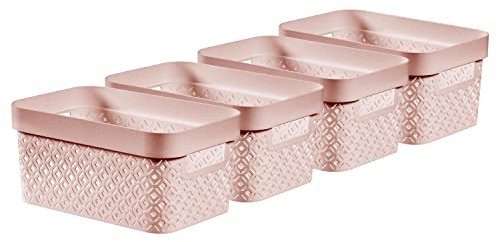 Curver Terrazzo Geometric Effect Set of 4 Kitchen, Living room, Bathroom, Bedroom, Utility Small Rectangular Storage Baskets 4.5 Litres - Pink