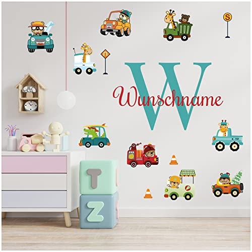 Wandsticker personalisiert Sticker Aquarell Tiere mit Name Wandtattoo für Kinderzimmer Babyzimmer Spielzimmer Mädchen Junge Y037 (Nr. 18 Autos, Mit Wunschname)