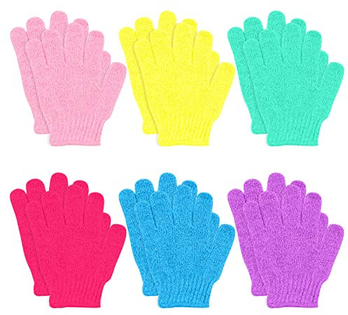 VEGCOO 6 Paires Gant Exfoliant, Gommage Corps, Gant Exfoliant Corps, Gants De Toilette pour Femmes Hommes Enfants Douche/Bain/Spa/Massage (6 Couleurs)