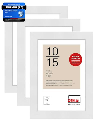 DEHA Design Bilderrahmen, 10 x 15 cm (3er Set), Holz, Weiß, Fotorahmen zum Auftstellen im Hoch- & Querformat, bruchsicheres Kunstglas, Fontana