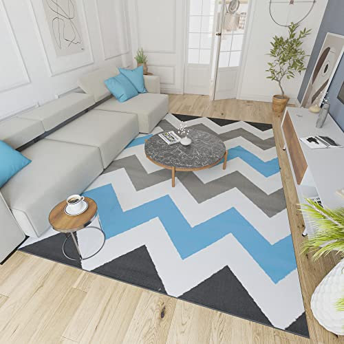 Mazovia Modern Teppich - Kurzflor - Teppich für Wohnzimmer, Schlafzimmer, Esszimmer - ÖKO-TEX Wohnzimmerteppich, Robust und pflegeleicht, Niedrige Florhöhe - Grau Blau 140 x 200 cm