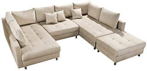 riess-ambiente.de Moderne XXL Wohnlandschaft Kent 305cm Champagner beige Samt inkl. Hocker und Kissen
