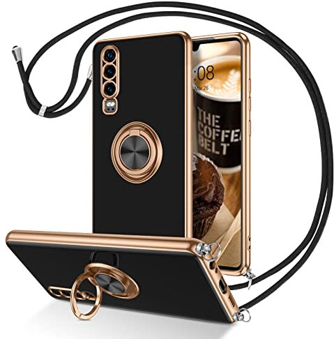 DUEDUE Coque pour Huawei P30 Cordon avec Anneau Rotatif, Protection Souple Fine Doublure Microfibre Anti-Rayures, Coque de Téléphone pour Huawei P30 Bague Or Noir avec Corde Bandoulière Réglable