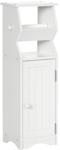 kleankin Mobiletto da Bagno Salvaspazio in MDF Bianco con Spazio per Carta Igienica e Armadietto, 19x15x56 cm