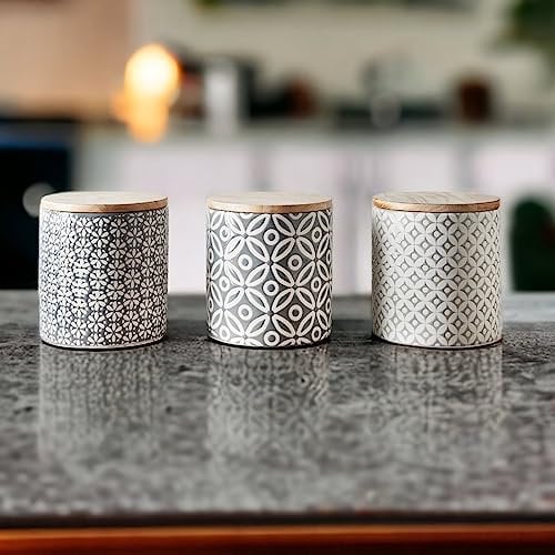 HOMELOX Set Of 3 Ceramic Tea Coffee Sugar Canisters Jars Geo Embossed Storage Jars Pots