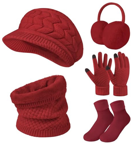 Niwicee Strickmütze Handschuhe Damen Schal Damen Winter Fleece Gefütterte Warm Beanie Mütze Winter Warme Winterschal Kombi Set Grobstrick Schal Damen Geschenk-Weinrot-