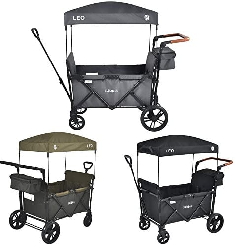 FableKids Bollerwagen Leo X2Lite mit Dach | 2 Sitzplätze | Faltbarer Transportwagen | Hecktasche | 5-Punkt-Gurt | 360° Räder | Fußbremse | inkl.Anti-Staub-Abdeckung | Oxford 600D | FossilGrau
