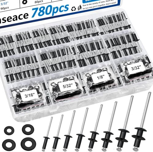 smseace 780pcs 18-Values Pop Rivets with Backup Rivets Washers Assortment Kit 14-Values Black Aluminum Rivets3/32 1/8 5/32 3/16,4-Values Blind Rivet Washer for Indoor and Outdoor