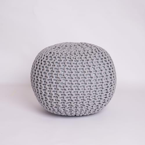 EXQUIZIT HOME Pouf poggiapiedi rotondo lavorato a maglia, grande, 100% cotone, stile marocchino, 50 cm, colore argento