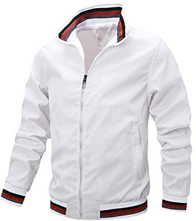 ARtray Lederjacke Schwarz Herren Herren lässige Jacke Leichtgewicht Reißverschluss Langarm-Stand Kragen Streifendrucktasche Sportbekleidung Mantel Windbreaker Mantel Der Ringe (White, XXL)