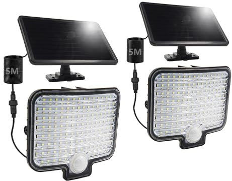 Qsmile Solarlampen Für Außen, 120 LED Solarlampen für außen mit Bewegungsmelder,120° Weitwinkelbeleuchtung, IP65 Wasserdichte Mit 5m Kabel, Solar lampe outdoor für Garten Garage Aussen 2 Stück
