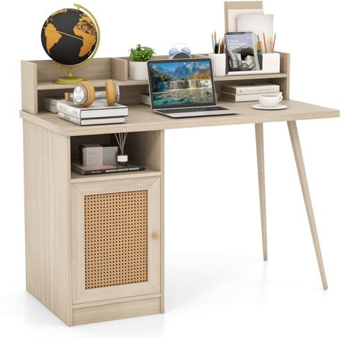 COSTWAY Computer Desk, 120cm Mid Century Writing Study Desk with Hutch, PE Rattan Cabinet and Shelves, Compact PC Laptop Workstation for Home Office (White Oak)