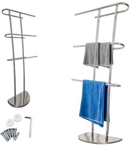 MAKA Portasciugamani da Terra in Metallo Argento Cromato Lucido Piantana da Bagno Con Bracci Portarotolo Carta Igienica Porta Scopino Toilette Moderno Regolabile Alluminio (3 Braccia)