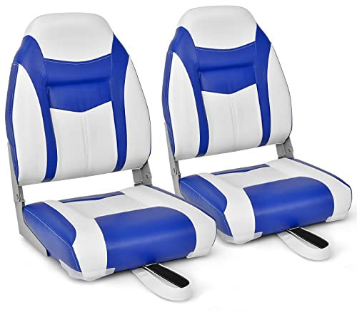 GYMAX Hochrückensitz für Boote, Hochlehner Bootssitz, bequemer Anglersitz mit dichtem Schwammkissen, klappbarer Bootsstuhl (Blau+Weiß, 2er Set)