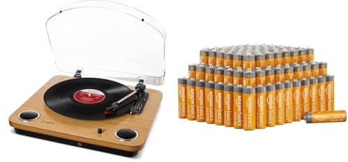 ION Audio Max LP - Vinyl Record Player/Turntable with Built In Speakers, USB Output for Conversion and Three Playback Speeds & Amazon Basics AA 1.5 Volt Performance Alkaline Batteries - Pack of 100