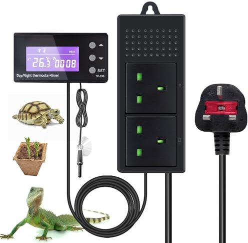 Bonlux Reptile Digital Thermostat 220V Heating/Cooling Temperature Controller with Timer, Day/Night Timer Plug Socket Temperature Controller for Incubator Greenhouse Brew Fan Refrigerator