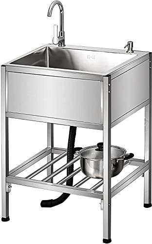 Évier de cuisine à un bac Évier utilitaire en acier inoxydable à compartiment commercial Lave-mains sur pied avec étagère de rangement (A+Hot and cold faucet)