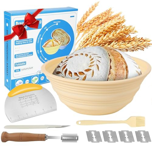 Silicone Banneton Bread Proofing Baskets, Sourdough Bread Baking Supplies, 9 Inch Round Foldable Baking Basket, Complete Set for Bread Making With Essential Tools and Gifts