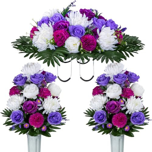 XONOR Künstliche Grabstein-Blumensättel für Gräber, Friedhofsdenkblumen für Grabstein-Dekorationen, künstliche Pfingstrosen, Rosen-Sattel (lila und weiß, 1 Sattel, 2 Blumensträuße)