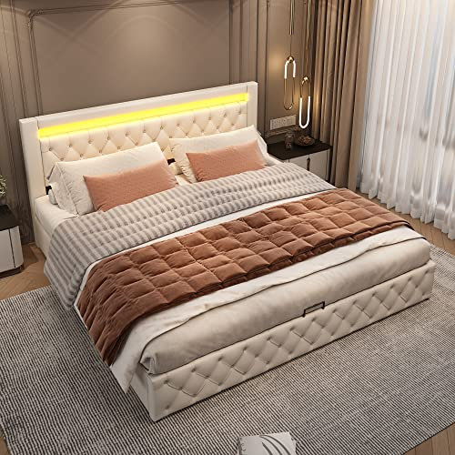 Lit Coffre 160x200 avec LED,lit capitonné 160x200 avec Rangement et tête de lit,Cadre de lit 2 Personnes,Double avec sommier à Lattes,Blanc,PU