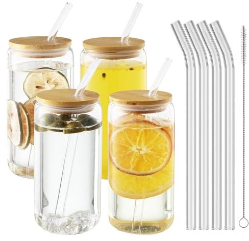 HAOYULUO 4 Piezas Vaso de Cerveza con Tapas y Pajita, 500 ml Vasos Vidrio de Cerveza, Vaso con Pajita y Pajita Reutilizables, Adecuados para Café Helado, Cerveza, Cócteles y Refrescos