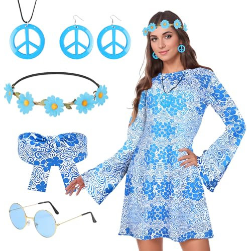 Blisscok Hippie Kostüm Damen Hippie Accessoires 60er 70er Jahre Outfit Damen Bekleidung Hippie Kleid Mode 60er 70er Jahre kleid Disco Outfit Damen 70er Mode Damen für Karneval Party (Blaue, L)
