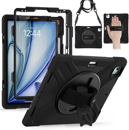BRAECN pour Coque iPad Air 13 Pouces M3 2025/M2 2024 13 Pouces, Étui de Robuste avec Film Protection, Support Rotatif à 360°et Dragonne, Bandoulière, Porte-Stylet, Noir