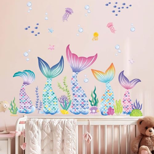 Amimagen Baby Mädchen Meerjungfrau Schwanz Wandtattoos - Unter dem Meer Marine Thema Wandaufkleber - Kinderzimmer Kindertagesstätte Schlafzimmer Badezimmer Wanddekoration