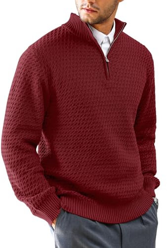 HYPESTFIT Herren Rollkragenpullover 1/4 Zip Pullover Warm Langarm Einfarbig Knitted Sweater Casual Top Rot M